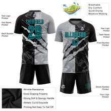 Laden Sie das Bild in den Galerie-Viewer, Custom Graffiti Pattern Teal Black-Gray Scratch Sublimation Soccer Uniform Jersey
