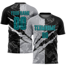 Load image into Gallery viewer, Custom Graffiti Pattern Teal Black-Gray Scratch Sublimation Soccer Uniform Jersey
