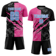 Laden Sie das Bild in den Galerie-Viewer, Custom Graffiti Pattern Light Blue Black-Pink Scratch Sublimation Soccer Uniform Jersey
