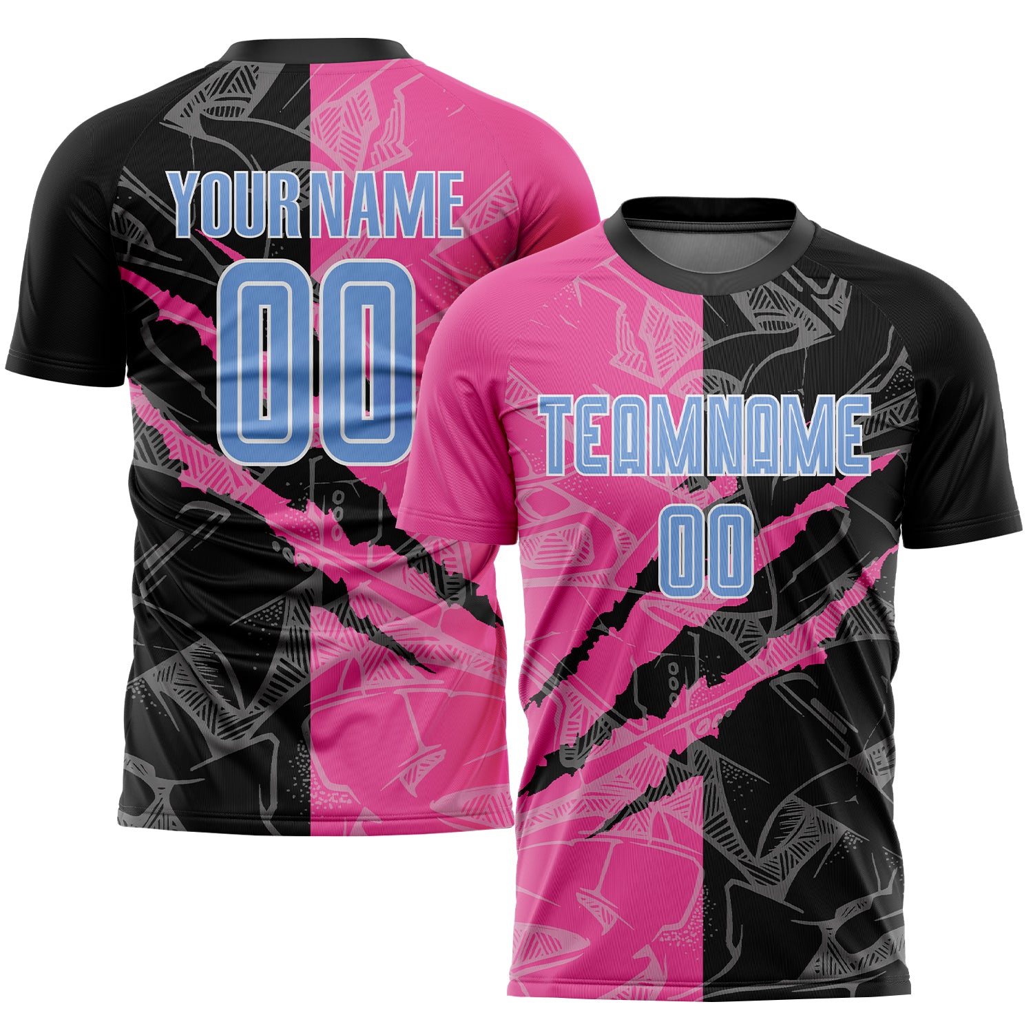 Cheap Custom Graffiti Pattern Light Blue Black-Pink Scratch Sublimation  Soccer Uniform Jersey Free Shipping – CustomJerseysPro