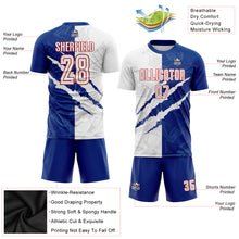 Load image into Gallery viewer, Custom Graffiti Pattern White Royal-Red Scratch Sublimation Soccer Uniform Jersey
