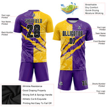 Laden Sie das Bild in den Galerie-Viewer, Custom Graffiti Pattern Black Purple Yellow-Gray Scratch Sublimation Soccer Uniform Jersey

