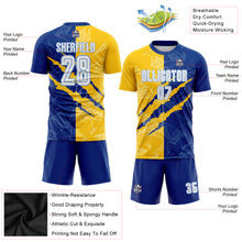 Load image into Gallery viewer, Custom Graffiti Pattern White Royal Yellow-Light Blue Scratch Sublimation Soccer Uniform Jersey
