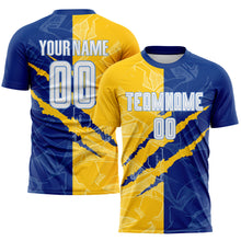 Load image into Gallery viewer, Custom Graffiti Pattern White Royal Yellow-Light Blue Scratch Sublimation Soccer Uniform Jersey
