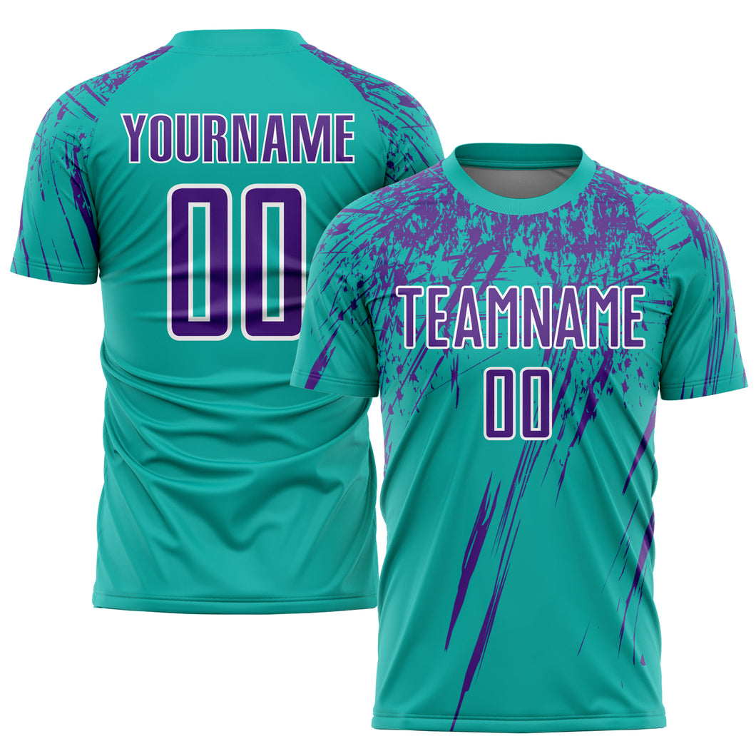 Custom Aqua Purple-White Sublimation Soccer Uniform Jersey