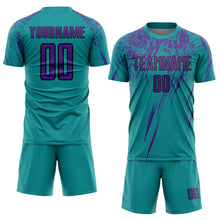 Laden Sie das Bild in den Galerie-Viewer, Custom Teal Purple-Black Sublimation Soccer Uniform Jersey
