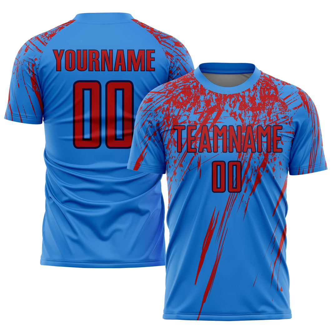 Cheap Custom Electric Blue Red-Navy Sublimation Soccer Uniform