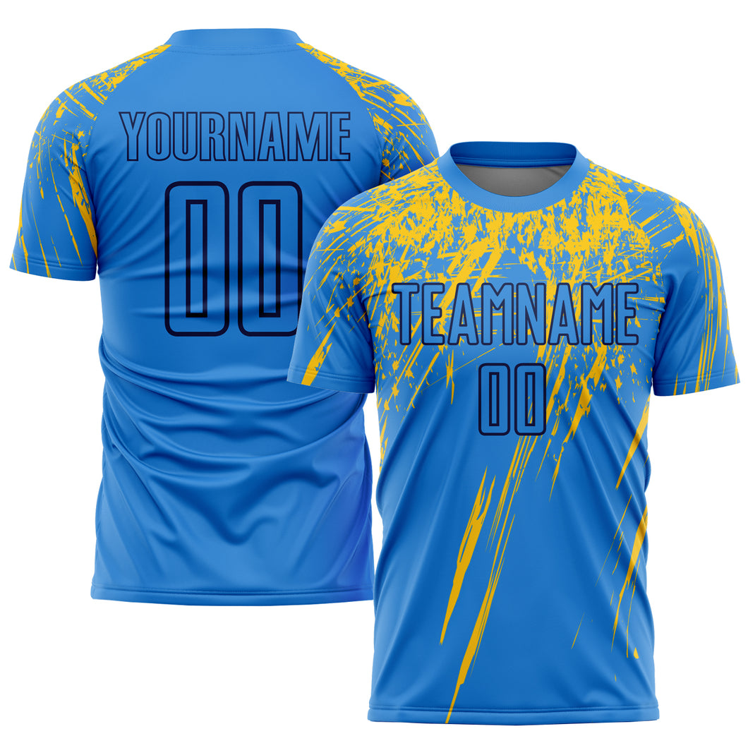 Custom Electric Blue Yellow-Navy Sublimation Soccer Uniform Jersey