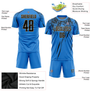 Custom Electric Blue Black-Old Gold Sublimation Soccer Uniform Jersey