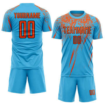 Custom Sky Blue Orange-Black Sublimation Soccer Uniform Jersey