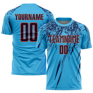 Custom Sky Blue Navy-Orange Sublimation Soccer Uniform Jersey