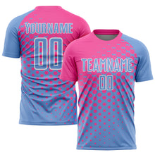 Laden Sie das Bild in den Galerie-Viewer, Custom Light Blue Pink-White Sublimation Soccer Uniform Jersey
