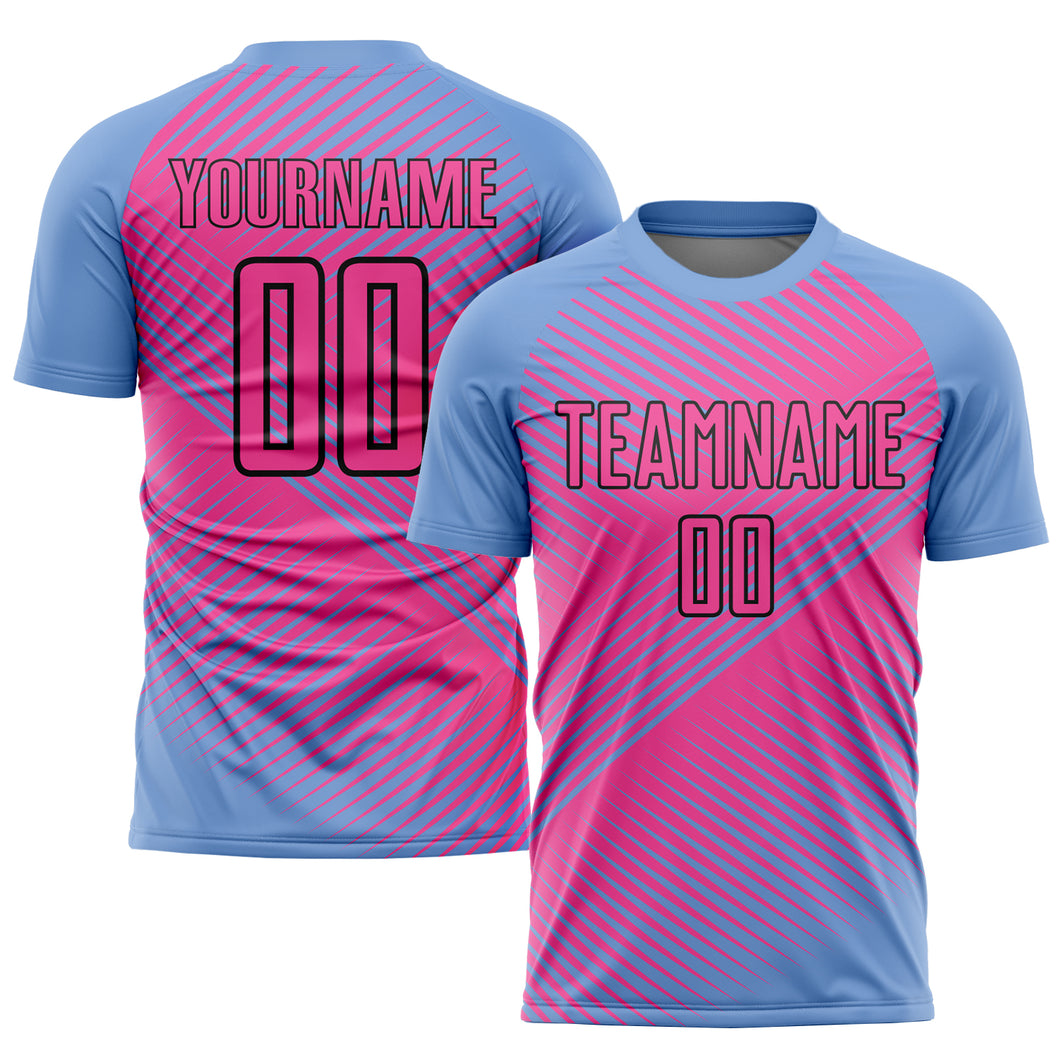 Custom Light Blue Pink-Black Sublimation Soccer Uniform Jersey