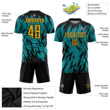 Laden Sie das Bild in den Galerie-Viewer, Custom Teal Gold Black Sublimation Soccer Uniform Jersey
