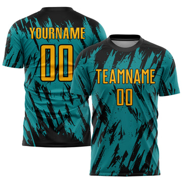 Custom Teal Gold Black Sublimation Soccer Uniform Jersey