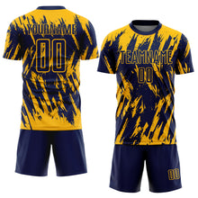 Laden Sie das Bild in den Galerie-Viewer, Custom Gold Navy Sublimation Soccer Uniform Jersey
