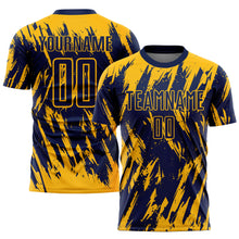 Laden Sie das Bild in den Galerie-Viewer, Custom Gold Navy Sublimation Soccer Uniform Jersey
