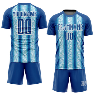 Custom Blue Light Blue-White Ethnic Stripes Sublimation Soccer Uniform Jersey