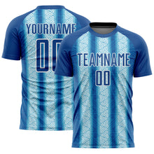 Laden Sie das Bild in den Galerie-Viewer, Custom Blue Light Blue-White Ethnic Stripes Sublimation Soccer Uniform Jersey
