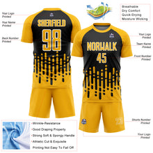 Load image into Gallery viewer, Custom Gold Black-White Abstract Fluid Wave Sublimation Soccer Uniform Jersey
