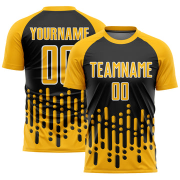 Custom Gold Black-White Abstract Fluid Wave Sublimation Soccer Uniform Jersey