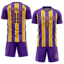 Laden Sie das Bild in den Galerie-Viewer, Custom Purple Gold-White Stripes Sublimation Soccer Uniform Jersey
