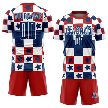 Custom Royal Red-White Stars And Squares Sublimation Soccer Uniform Jersey