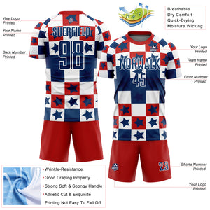 Custom Royal Red-White Stars And Squares Sublimation Soccer Uniform Jersey