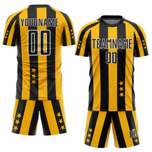 Load image into Gallery viewer, Custom Gold Black-White Stars And Squares Sublimation Soccer Uniform Jersey
