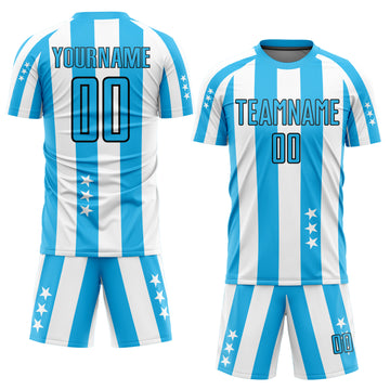 Custom White Sky Blue-Black Stars And Squares Sublimation Soccer Uniform Jersey