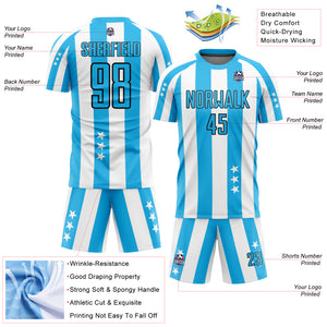 Custom White Sky Blue-Black Stars And Squares Sublimation Soccer Uniform Jersey