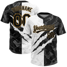 Load image into Gallery viewer, Custom Graffiti Pattern Black-Old Gold 3D Two-Button Unisex Softball Jersey
