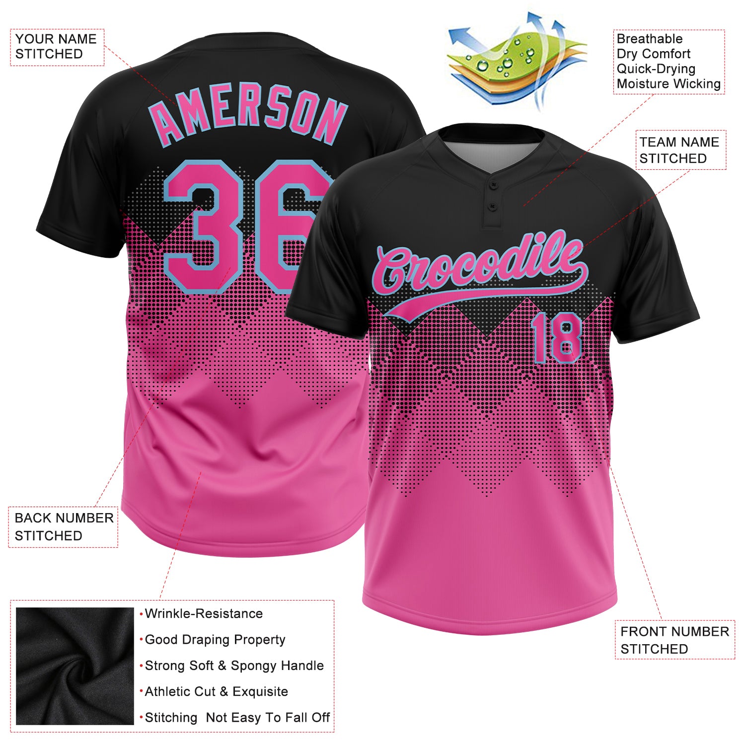 Custom Pink Light Blue-White Two-Button Unisex Softball Jersey Women's Size:S