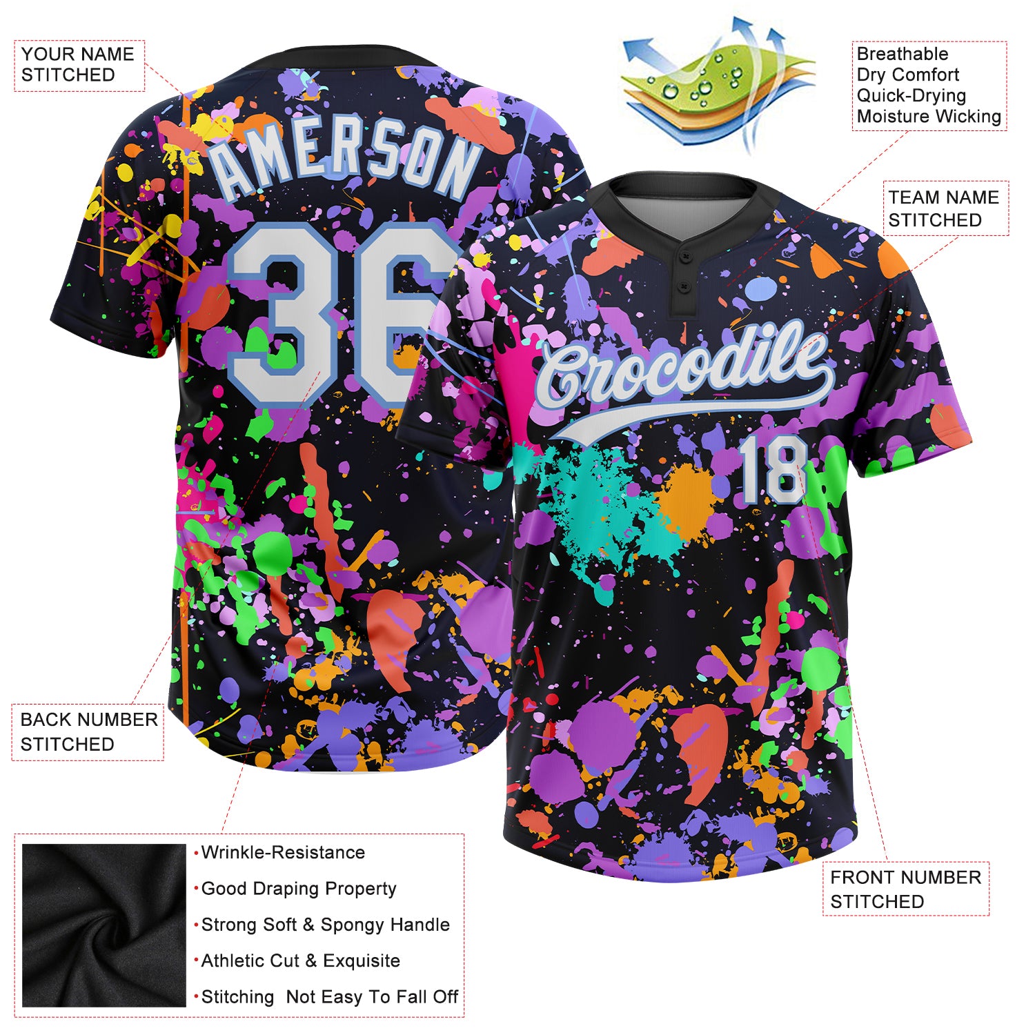 Custom Graffiti Pattern Purple-White 3D Bright Psychedelic Two-Button  Unisex Softball Jersey Discount