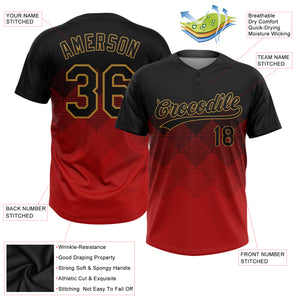 Custom Red Black-Old Gold 3D Pattern Two-Button Unisex Softball Jersey