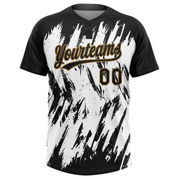 Custom White Black-Old Gold 3D Pattern Two-Button Unisex Softball Jersey