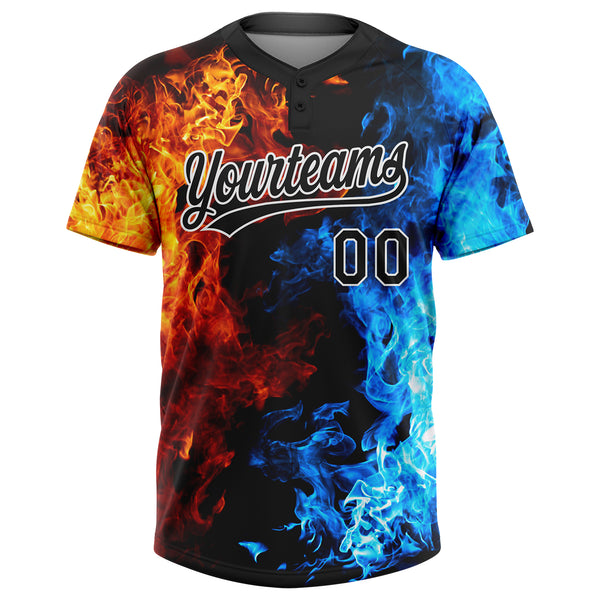 Custom Figure Black-White Flame 3D Pattern Two-Button Unisex Softball Jersey