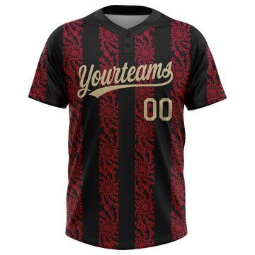 Custom Black Vegas Gold-Red 3D Pattern Two-Button Unisex Softball Jersey