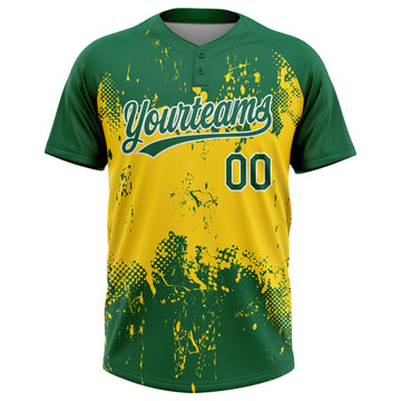 Custom Gold Green-White 3D Pattern Two-Button Unisex Softball Jersey