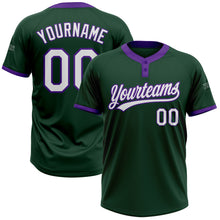 Laden Sie das Bild in den Galerie-Viewer, Custom Green White-Purple Two-Button Unisex Softball Jersey
