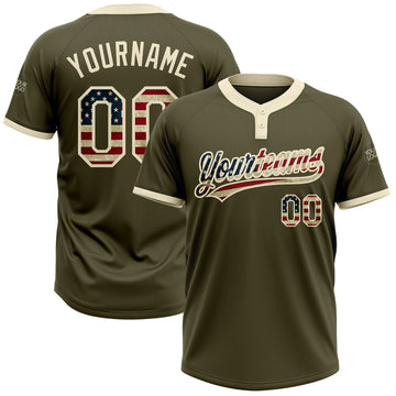 Custom Olive Vintage USA Flag-Cream Salute To Service Two-Button Unisex Softball Jersey