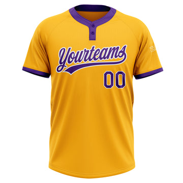 Custom Gold Purple-White Two-Button Unisex Softball Jersey