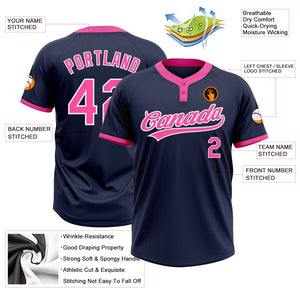 Custom Navy Pink-White Two-Button Unisex Softball Jersey