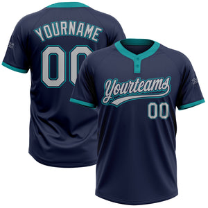 Custom Navy Gray-Teal Two-Button Unisex Softball Jersey