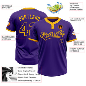 Custom Purple Purple-Gold Two-Button Unisex Softball Jersey