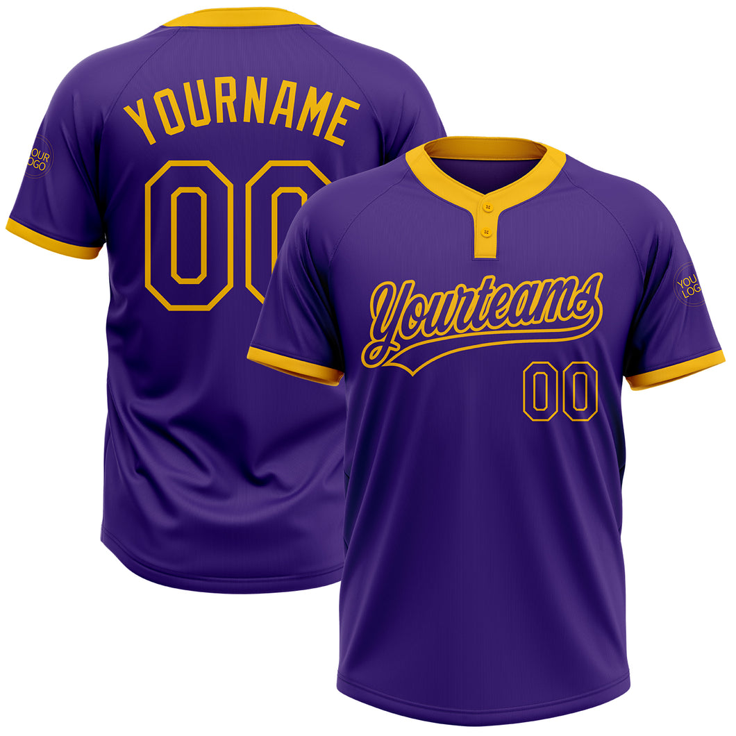 Custom Purple Purple-Gold Two-Button Unisex Softball Jersey