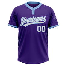 Laden Sie das Bild in den Galerie-Viewer, Custom Purple White-Light Blue Two-Button Unisex Softball Jersey
