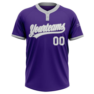 Custom Purple White-Gray Two-Button Unisex Softball Jersey
