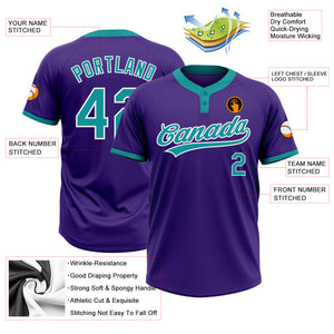 Custom Purple Teal-White Two-Button Unisex Softball Jersey