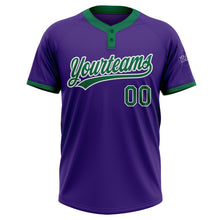 Load image into Gallery viewer, Custom Purple Kelly Green-White Two-Button Unisex Softball Jersey
